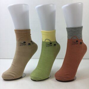 Womens Crew Socks Set 3 Cat Face Print Colorblock Tan Brown Green Yellow Gray